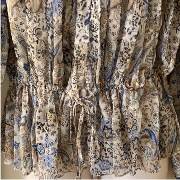 Redemption Silk Chiffon White Blue Beige Floral Print Paisley Smocked Blouse 8 - Picture 6 of 11